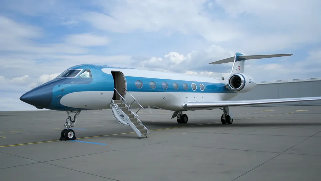 Featured aircraft from Avcon Jet: a Gulfstream G550 private jet with a distinctive blue and white exterior, open staircase, and parked on an expansive tarmac under a partly cloudy sky.