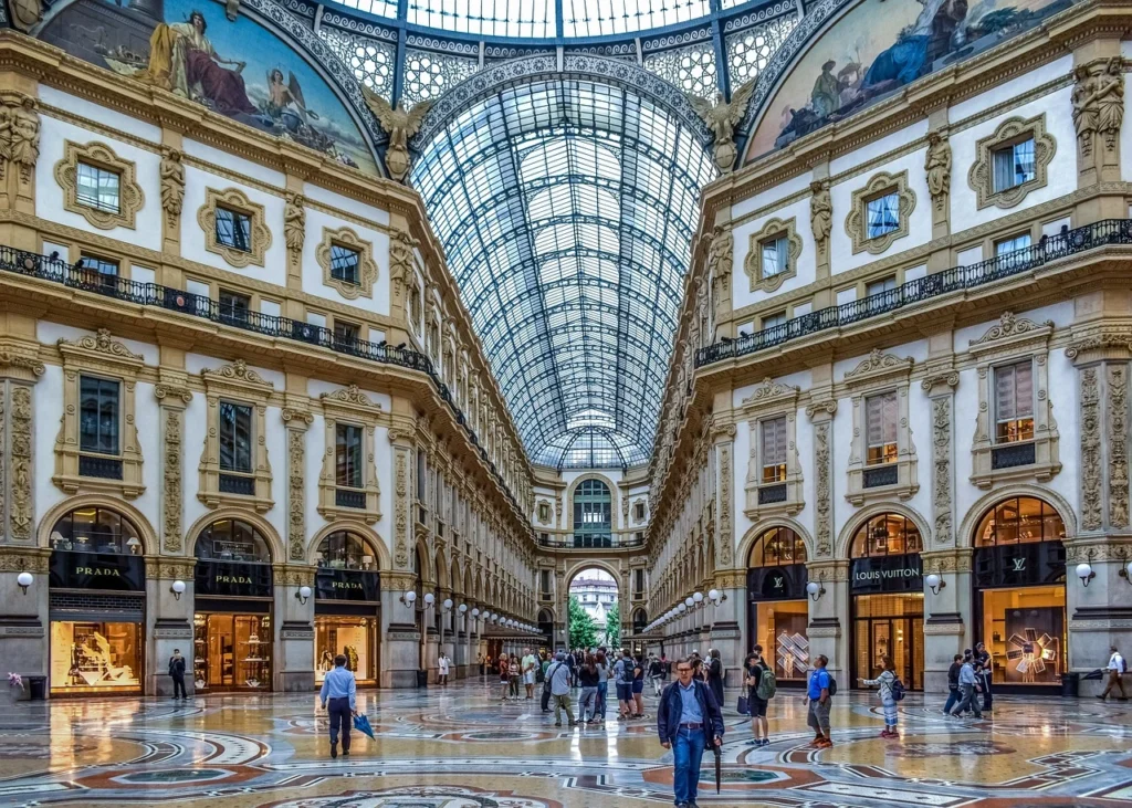 The Galleria Vittorio Emanuele II in Milan, with its grand glass dome and elegant architecture, offers a luxurious setting for a Valentine's Day escape. The softly lit arcades and designer boutiques create a romantic atmosphere perfect for couples seeking chic sophistication.